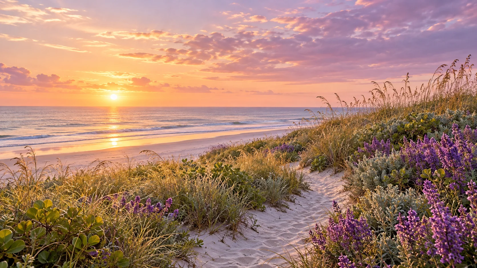 A flower-lined coastal path opening toward a golden sunrise